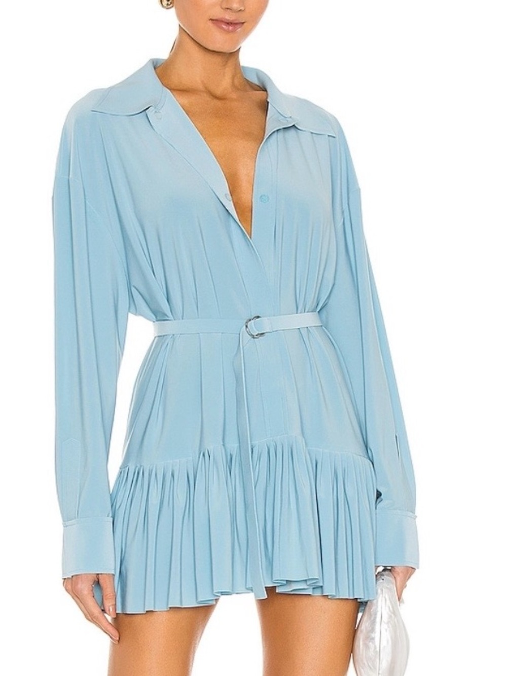 Norma Kamali | Light Blue Pleated V-Neck Long Sleeve Mini Dress